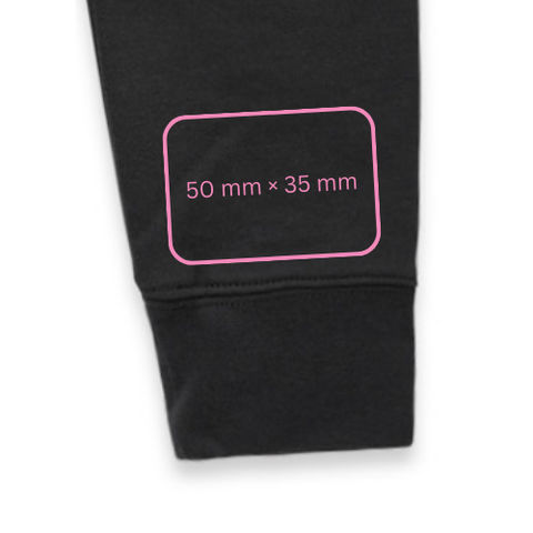 a horizontal rectangle appears just above the cuff on the sleeve of a hoodie labelled with 50 mm by 35 mm