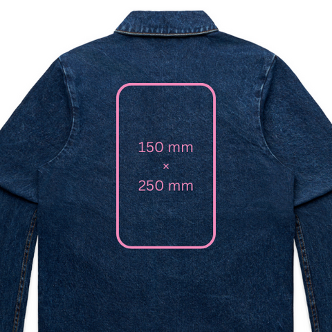 a vertical rectangle appears on the back of a denim jacket labelled with 150 mm by 250 mm