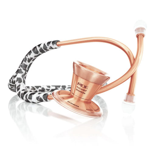 MDF Instruments Stethoscope Rose Gold Snow Leopard White and Black ProCardial Titanium Cardiology