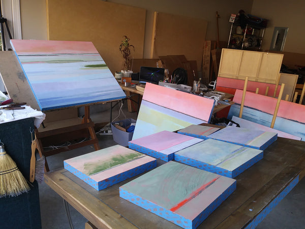 Paintings, works-in-progress in the garage studio of Victoria Primicias
