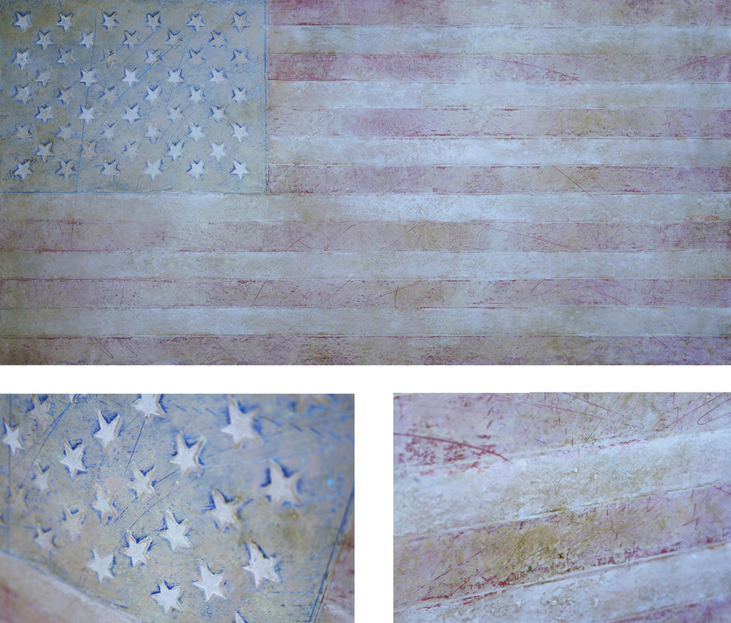 Multi-layered American flag painting, "Gloryland," oil/cold wax painting on panel