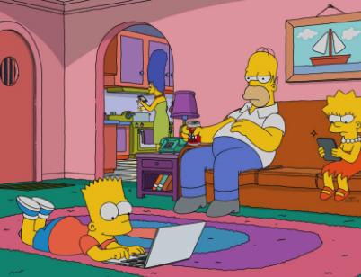 Homer Simpson lazily sits on the couch watching TV, surrounded by family.