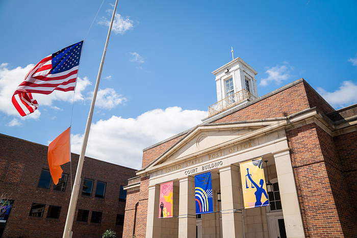 New Voices banners by Victoria Primicias at the Peace & Justice Plaza in Chapel Hill