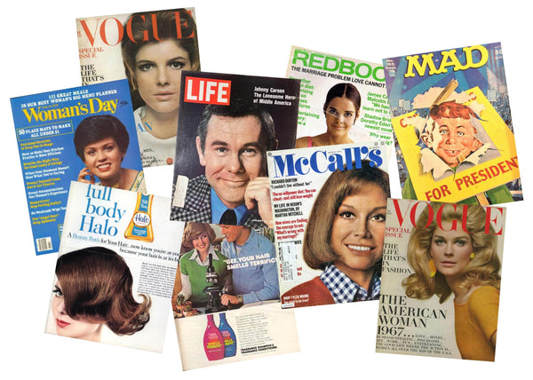 Group of vintage magazines from the 1960s and 1970s.