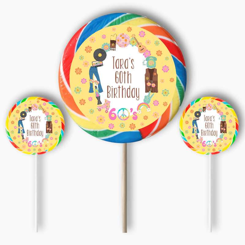 Personalised 60s Party Round Lollipop & Favour Stickers