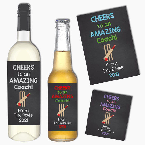 Cheers Cricket Coach Gift Wine and Beer Labels