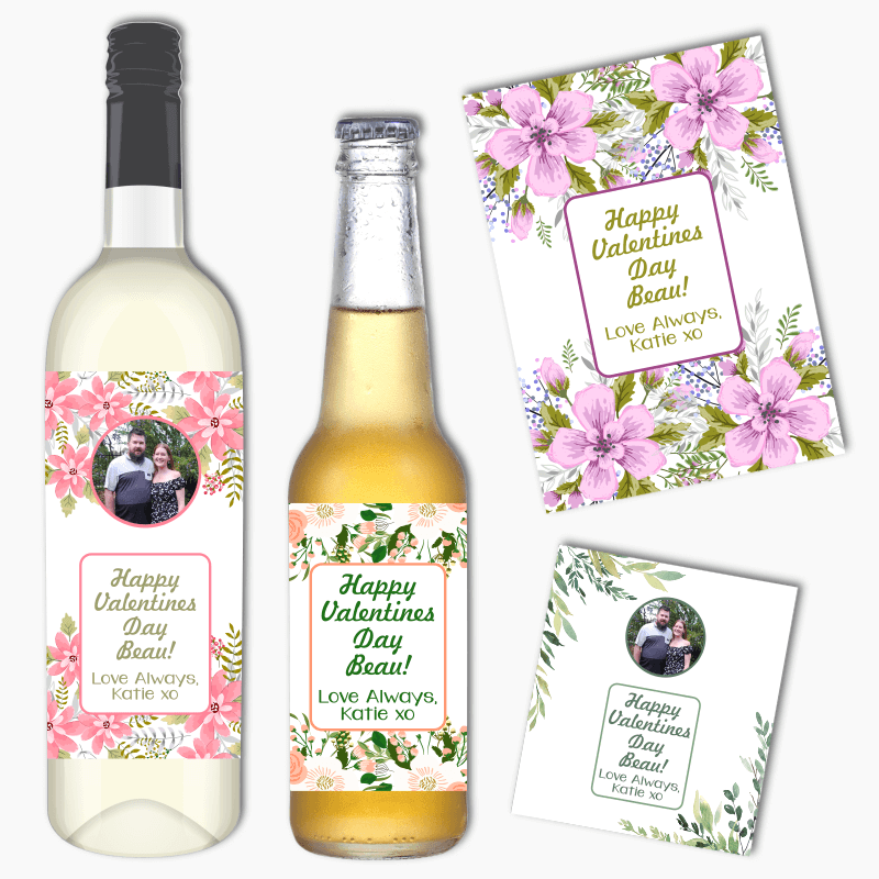 Floral Valentines Day Wine & Beer Labels with Photo