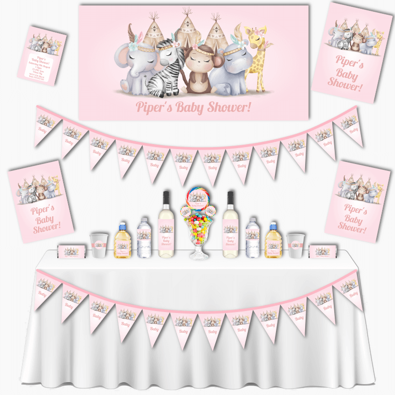 Pink Boho Animals Baby Shower Decorations