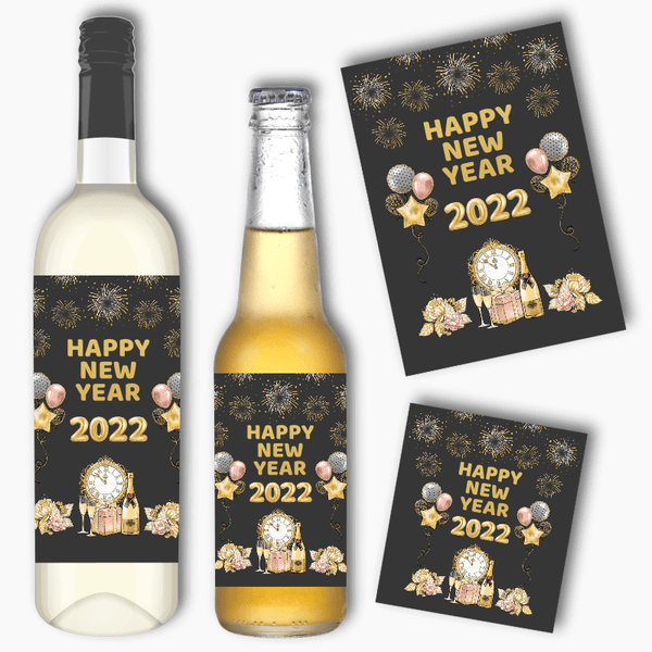 Rose Pink & Gold New Years Party Wine & Beer Labels