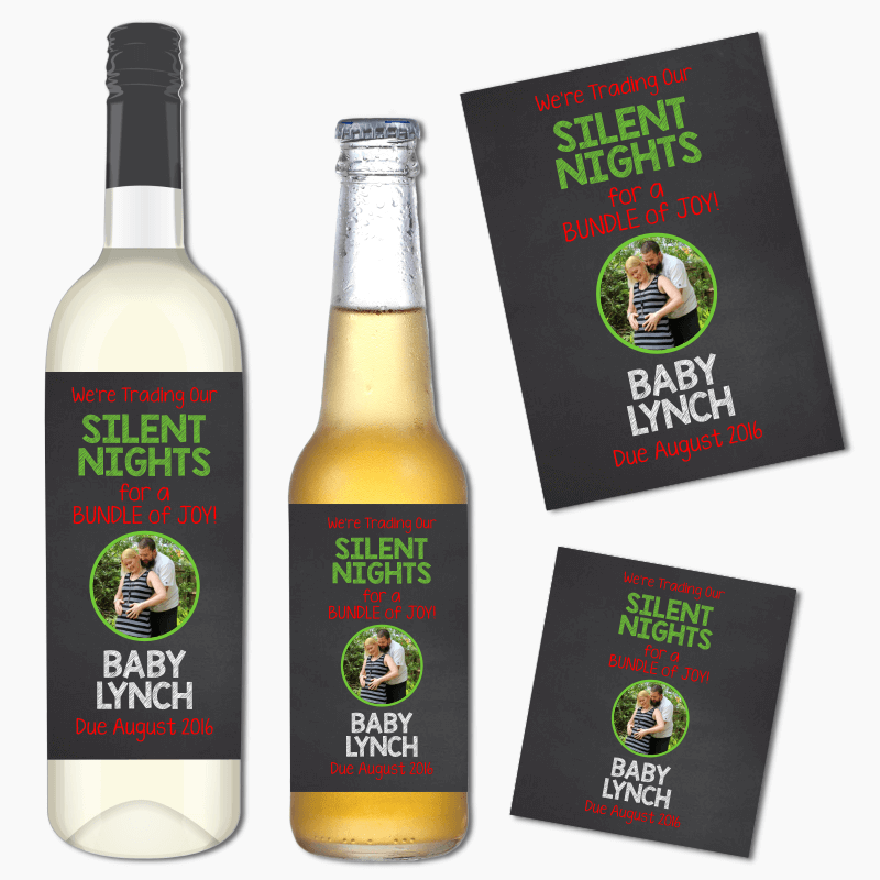 Silent Nights Christmas Pregnancy Announcement Wine & Beer Labels with Photo