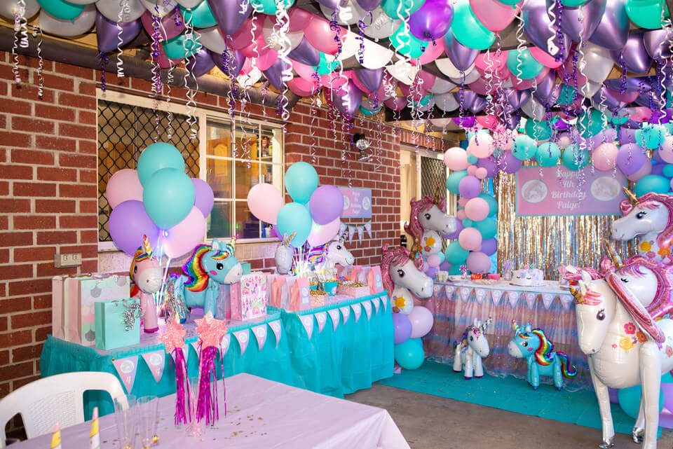 Unicorn Birthday Party Balloons and Cake Table