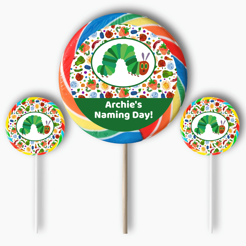 Personalised The Very Hungry Caterpillar Party Decorations   VeryHungryCaterpillarPartyRoundLollipopStickers 1200x 