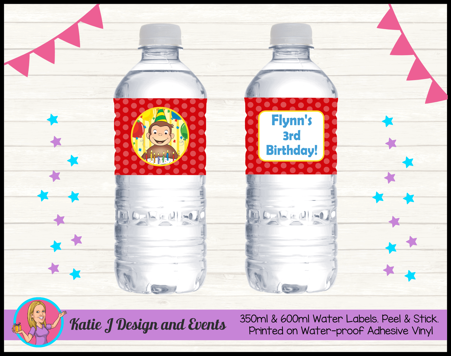 Personalised Curious George Birthday Party Decorations Katie J Design And Events - details about roblox personalized birthday party favors water bottle labels wrappers custom