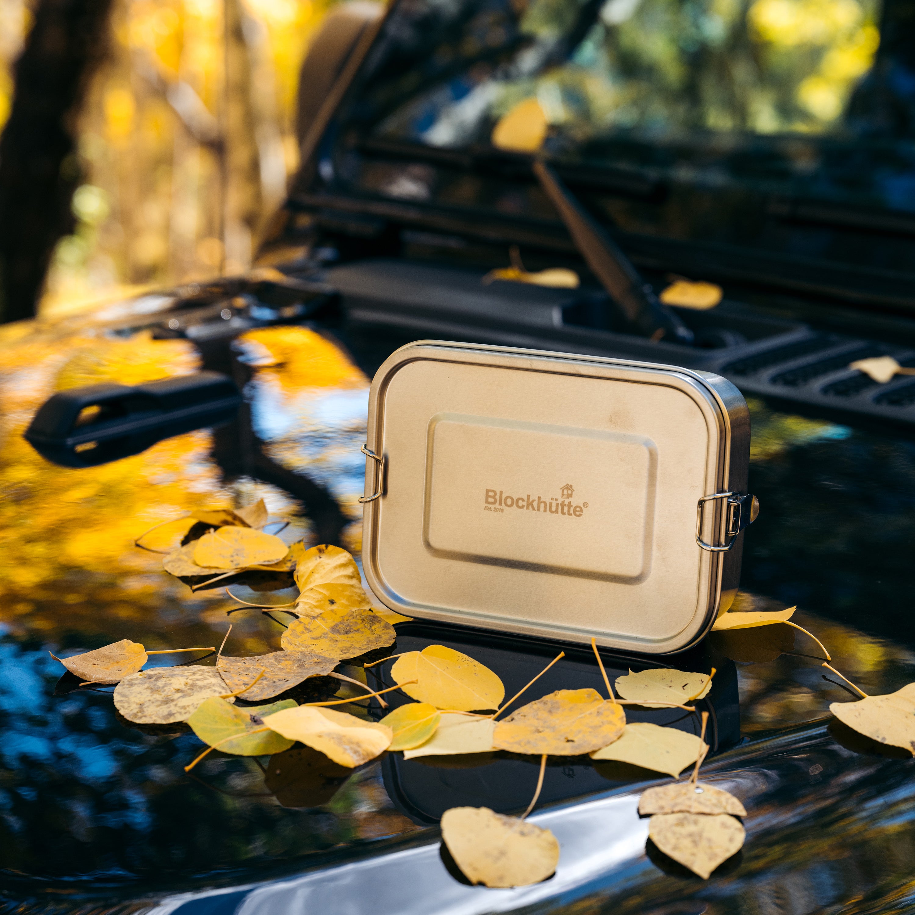 Blockhuette stainless steel lunch box on a car in the forrest 