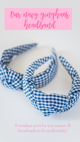navy blue and white gingham check knotted headband