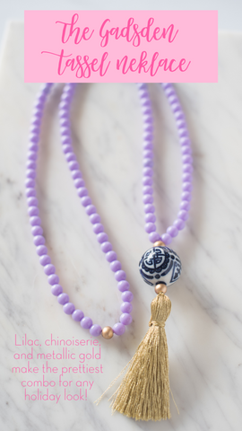 light purple beaded tassel necklace with gold tassel