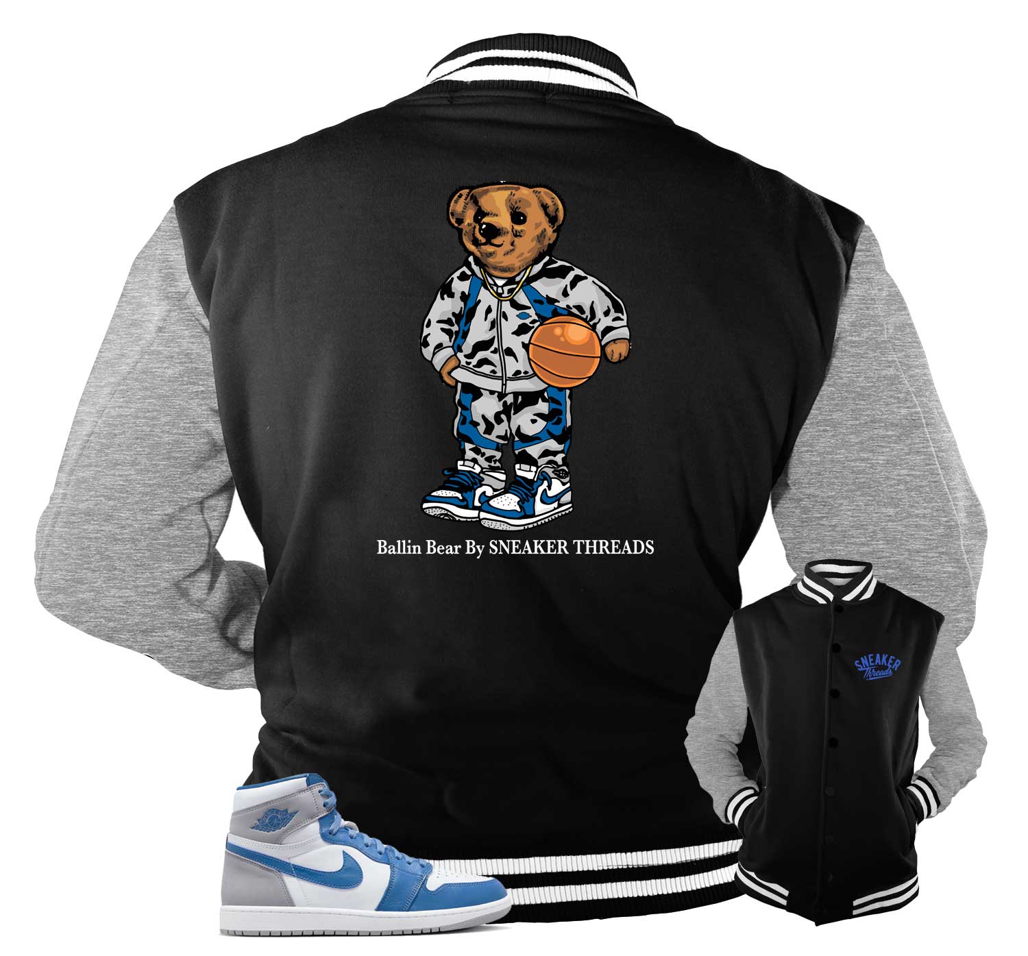 Jordan 1 True Blue Sneaker T-Shirts Outfits | Ballin Bear jacket