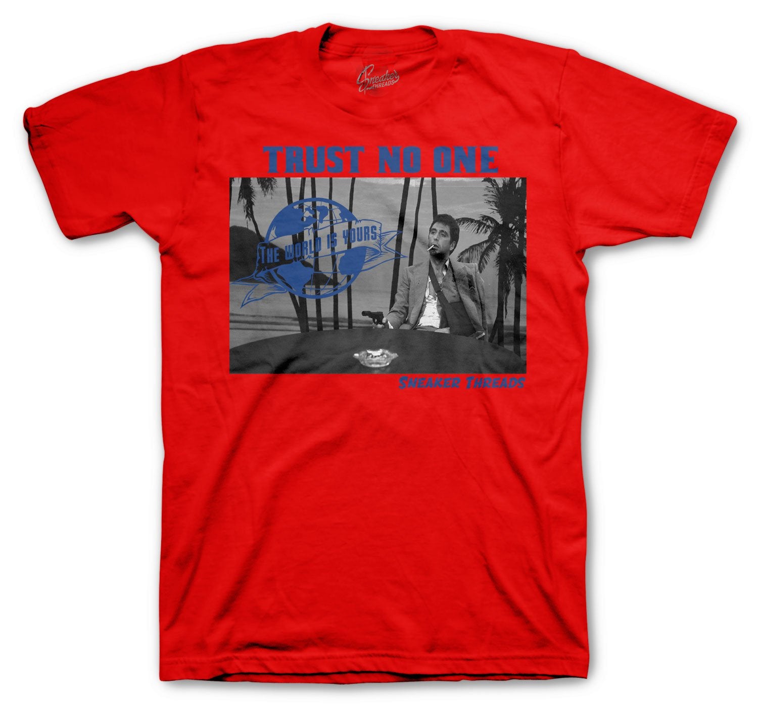 red and blue jordan shirt