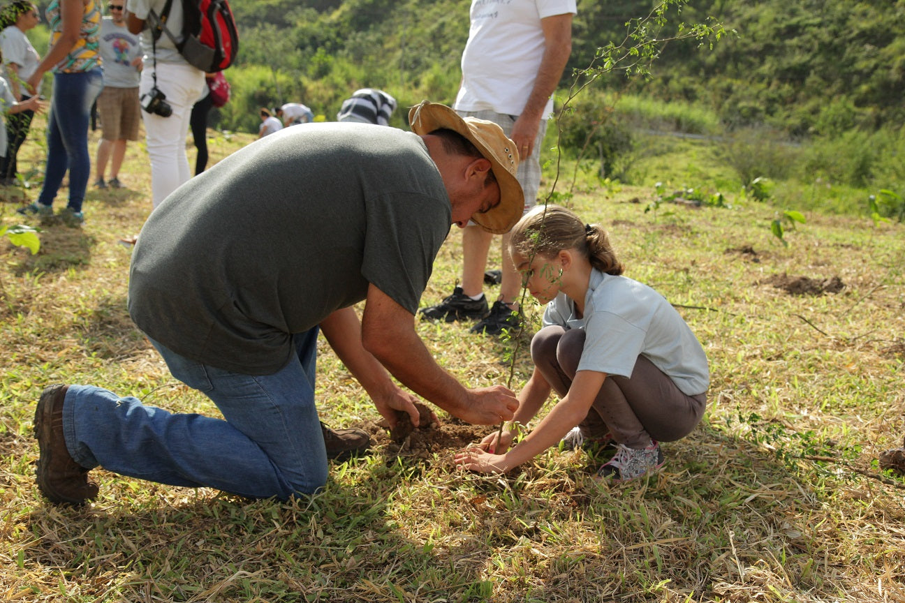 dad and daughter planting a tree