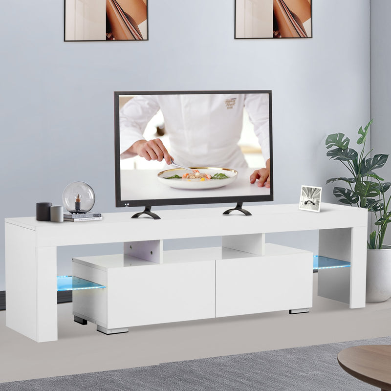 Modern White TV Stand with LED Lights, 63 Inch High Gloss ...