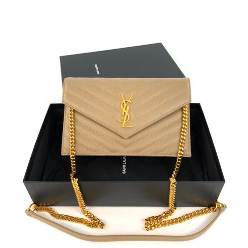 YSL MONOGRAMYS CHAIN WALLET IN GRAIN DE POUDRE EMBOSSED LEATHER (Silve –  A&J GOLD NORWAY