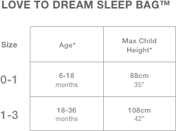 Love to dream sleep bag size chart
