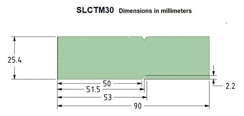 For E LAB A & B model testers only. SLCTM30 is designed to allow long slicing cuts. This test media will allow blade sections up to 100mm (4.0") to be tested in a single pass using either the CNC10 or hand tests. Additionaly, the effects blade geometry on the cut become more apparent as the depth of cut increases. Sold in packs of 50 but yields 100 test measurements by simply flipping the test media over testing with the unused side. This test media, in conjunction with the SLCF slice fixture , is suitable  for both  push cut and slicing cut tests. SLCTM20 is 0.25mm (.010") thick, tear propagation resistant, and composed of  a blended plastic compound.