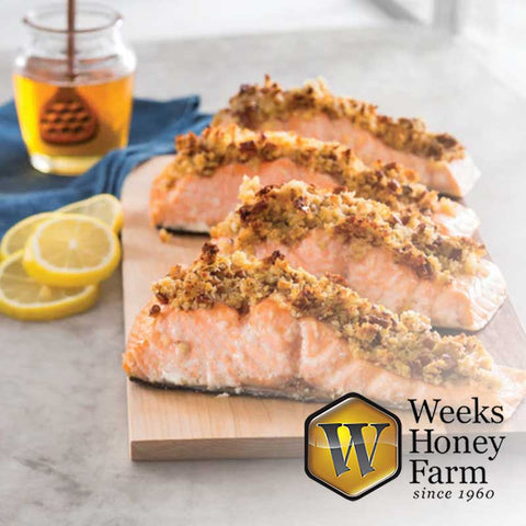Glazed honey Pecan Salmon has our mouth drooling. Made with Raw honey from Weeks Honey Farm.
