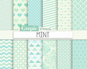 Mint digital paper: "MINT" mint green digital paper with chevron, polkadots, stripes, dots, arrows, damask, triangles, quatrefoil, hearts