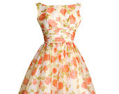 1950s Vintage Orange Rose Watercolor Print Chiffon Party Dress, Midcentury 50s Cream Garden Party Silk Dress xxsmall xsmall