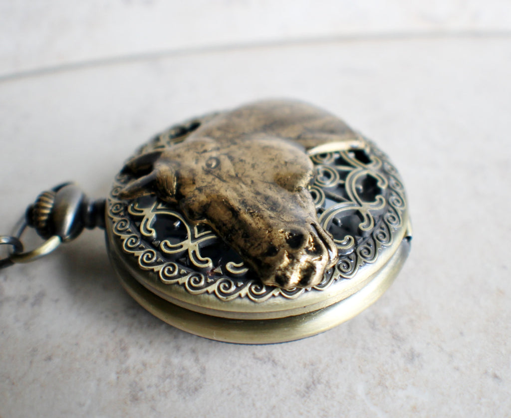 Horse pocket watch, mens pocket watch with horse head mounted on front