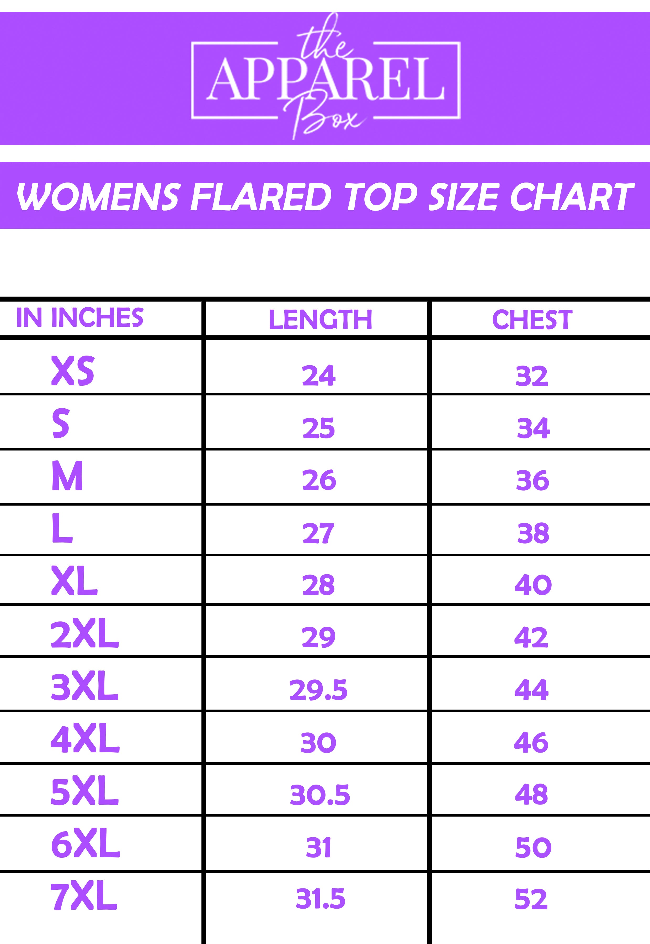 Women's Flared Top Size Chart – The Apparel Box