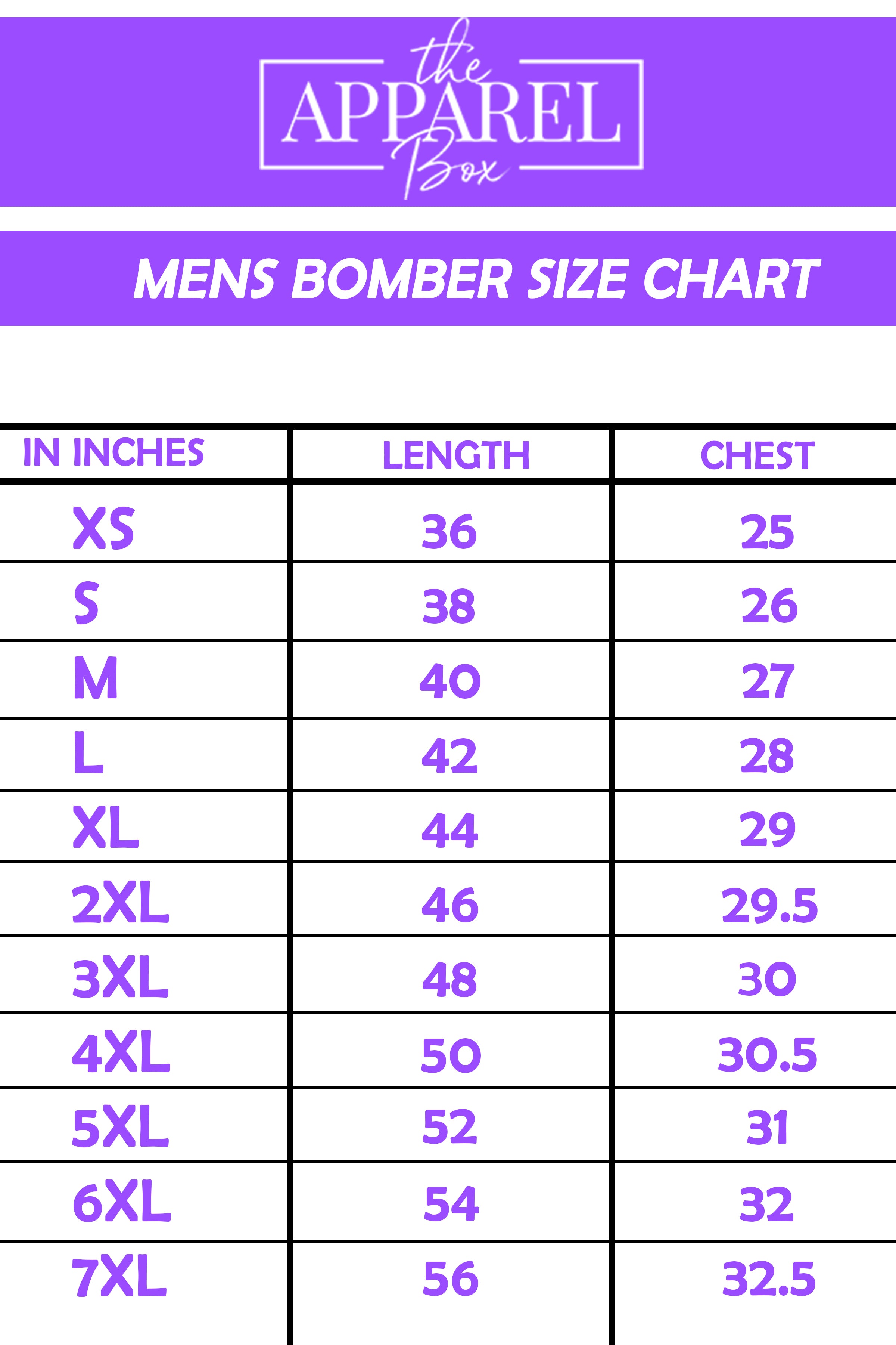 Men's Bomber Size Chart – The Apparel Box