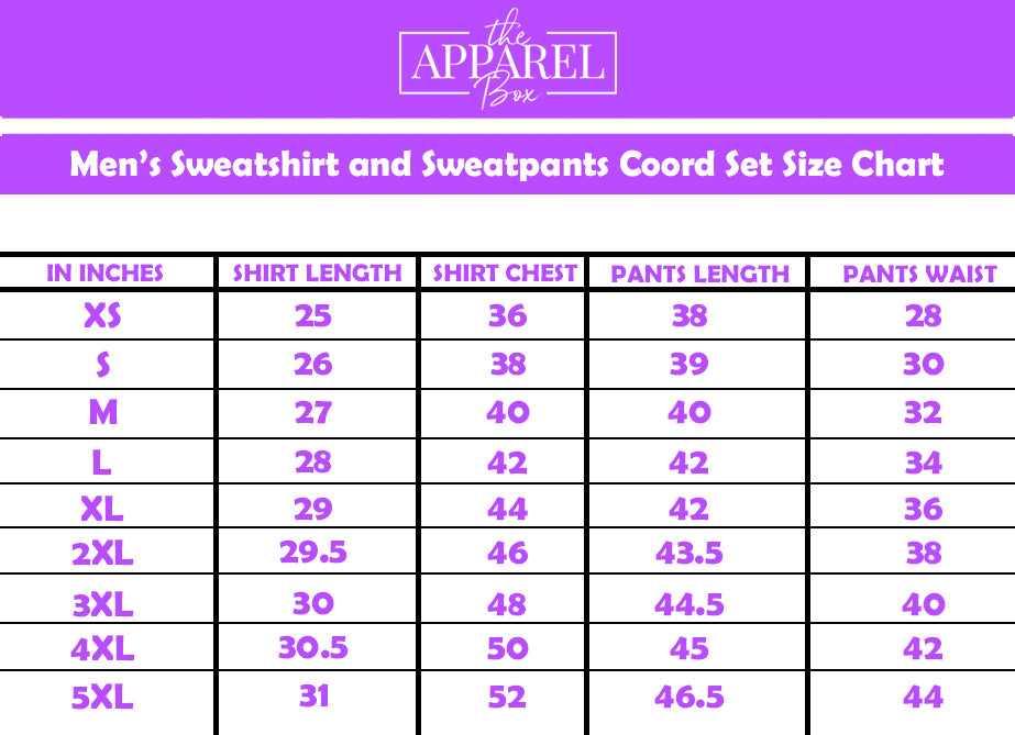 MEN'S SWEATSHIRT AND SWEATPANTS CO-ORD SETS SIZE CHART – The