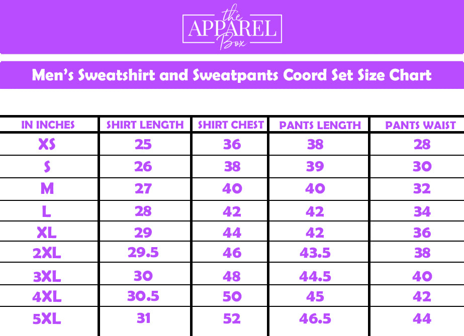MEN'S SWEATSHIRT AND SWEATPANTS CO-ORD SETS SIZE CHART – The Apparel Box