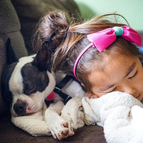 girl and dog on couch napping