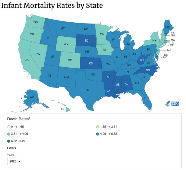 An infant & toddler mortality rate graphic of the US