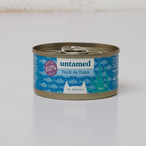 A tin of Untamed’s Tuck-in Tuna in Gravy against an off-white background