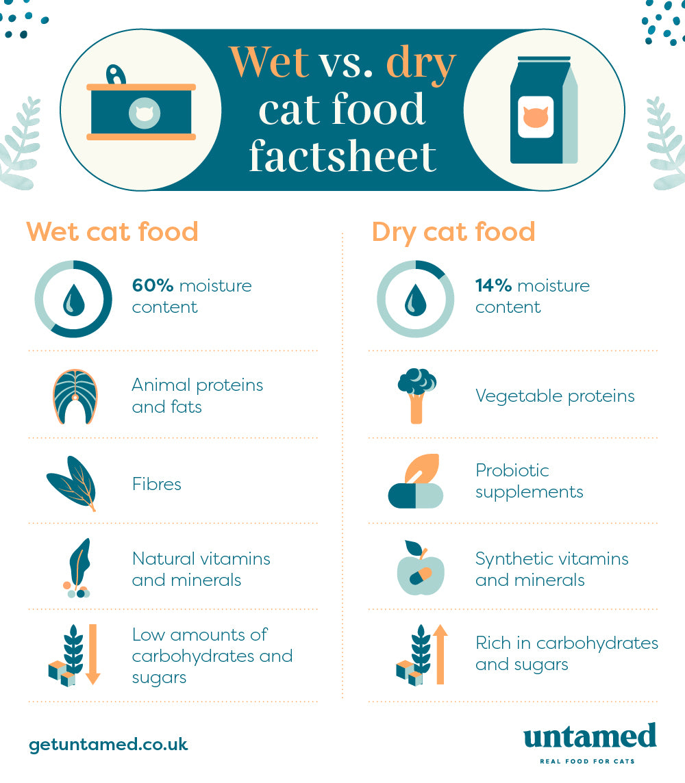 Infographic containing an overview of wet and dry cat food nutritional facts