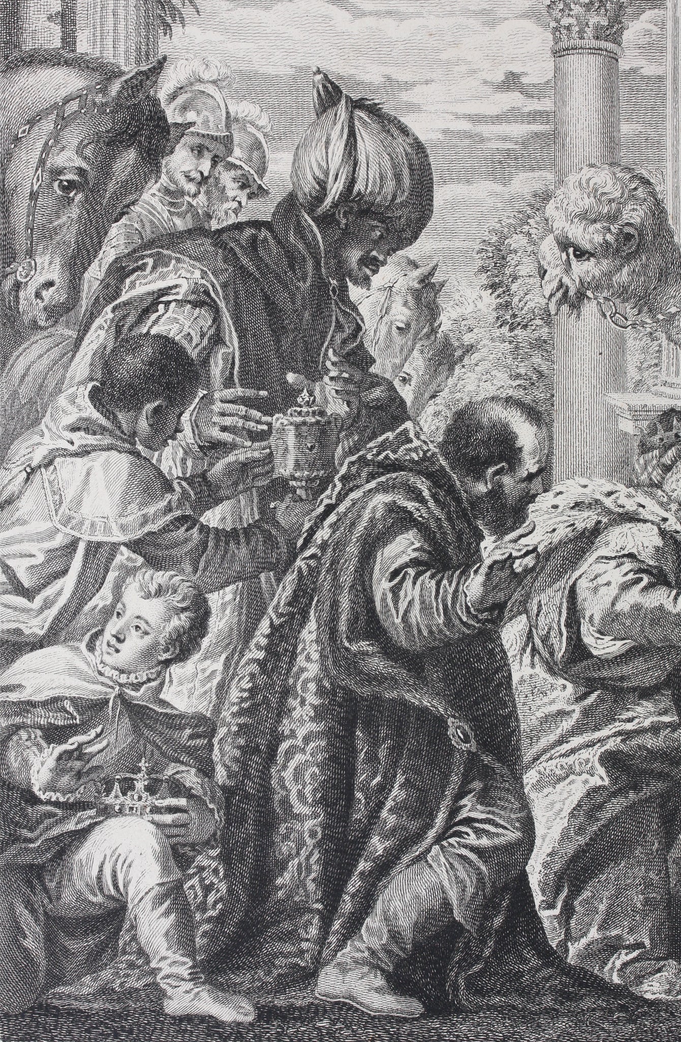 Paolo Veronese, after. Adoration of the Magi. Engraving by Nicolas Gabriel Dupuis. 1742.