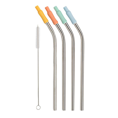 Softy Straws Premium Reusable Stainless Steel Drinking Straws with Silicone Tips + Patented Straw Cleaners and Carrying Case - 9 Long Metal with Curv