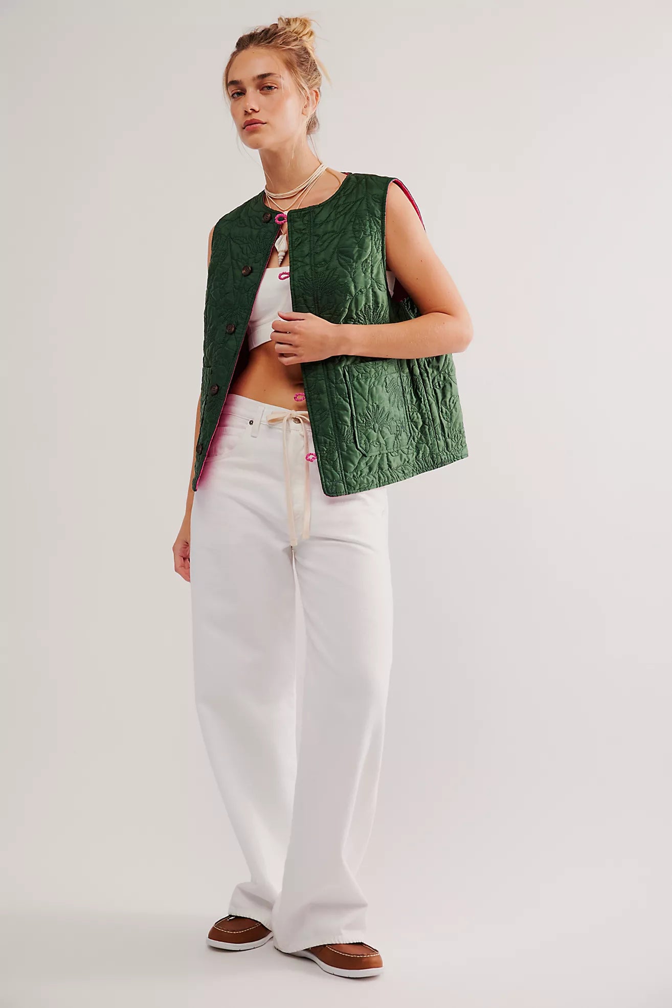 Damson Madder Georgie Reversible Gilet - Pink / Green Satin