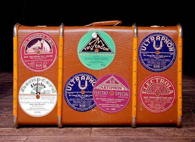 Vintage sticker collection, old suitcase