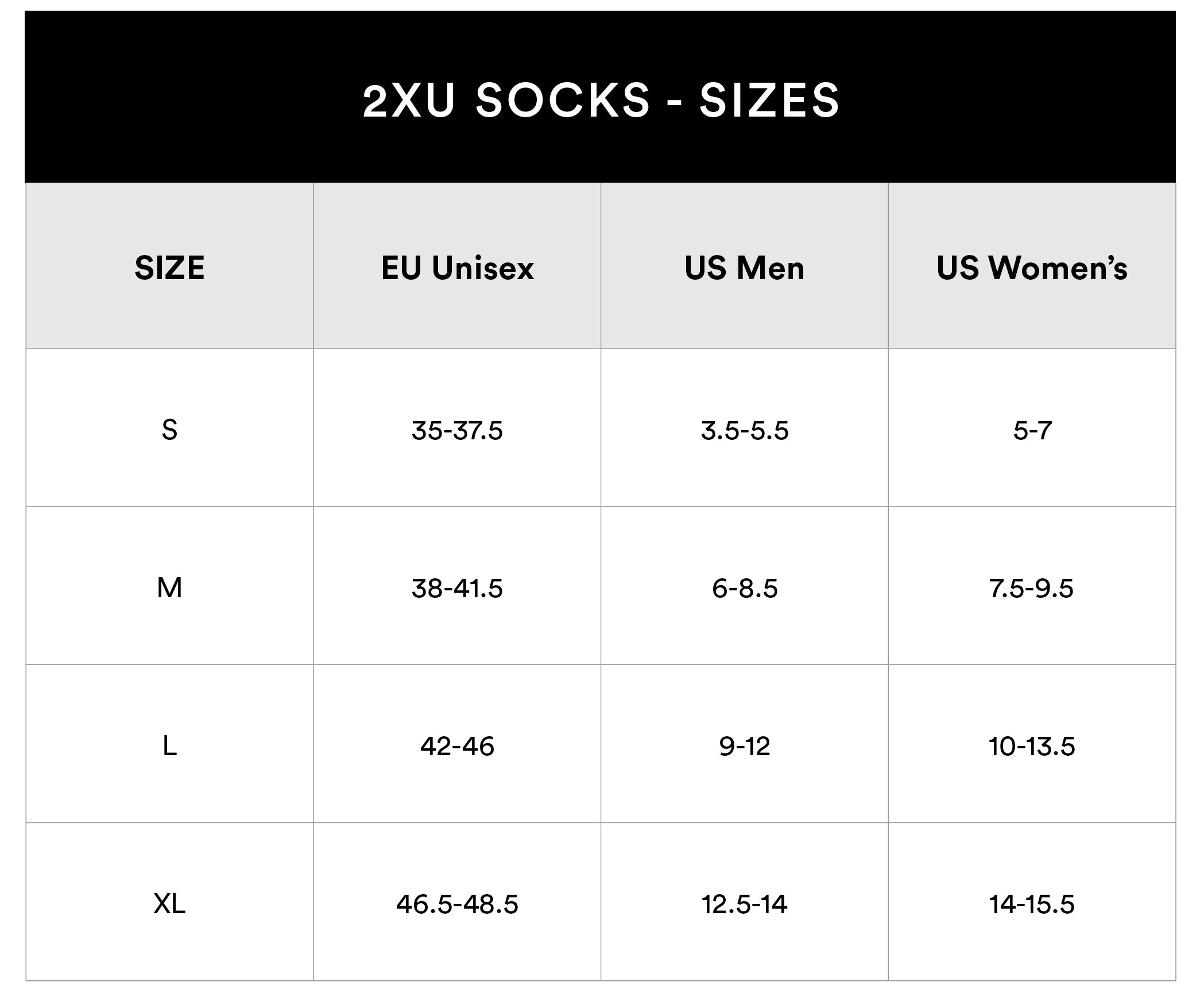 2XU Socks Size Guide - Sole Motive