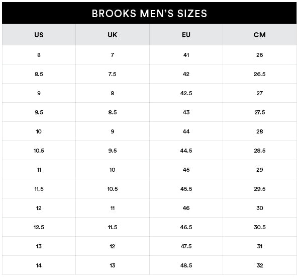 Brooks | Men's | Size Guide - Sole Motive