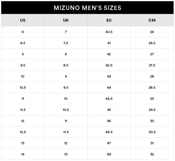 Mizuno | Men's | Size Guide - Sole Motive