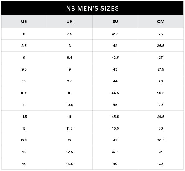 New Balance | Men's | Running Shoes | Size Guide - Sole Motive