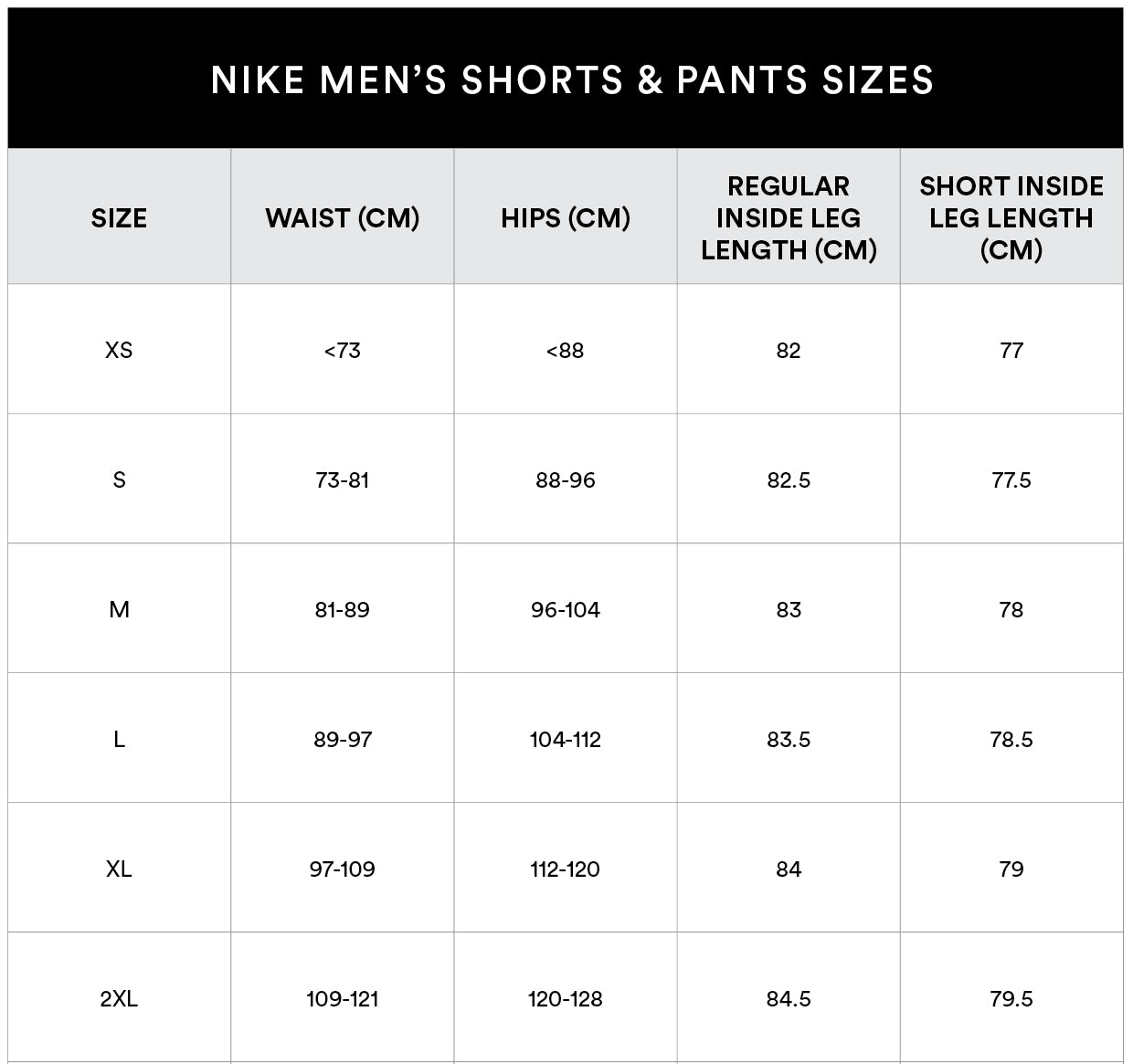 nike running shorts men's size chart