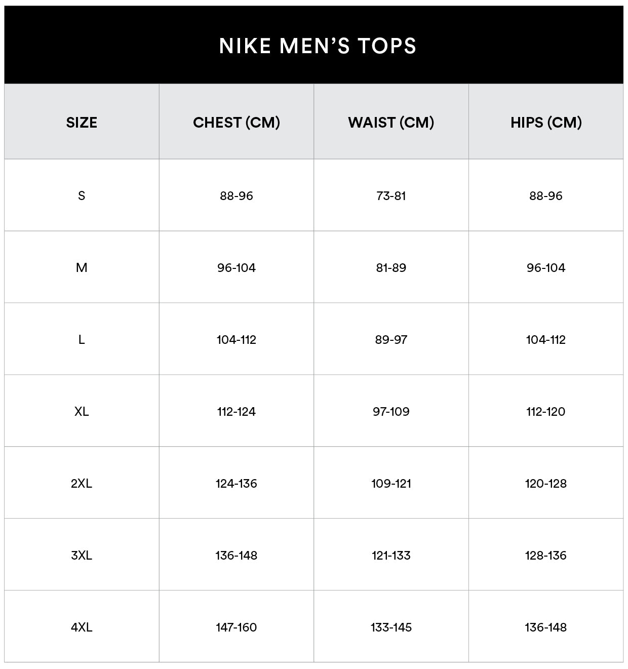Nike - Size Chart - Mens - Tops