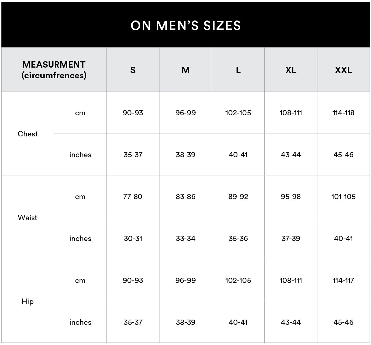 On Running | Men's | Apparel | Size Guide - Sole Motive
